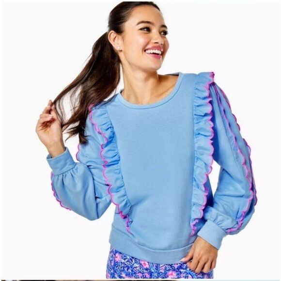 Lilly Pulitzer Suzy Scalloped Sweatshirt Womens Small Oversized Ruffled Blue Pin - Picture 1 of 7